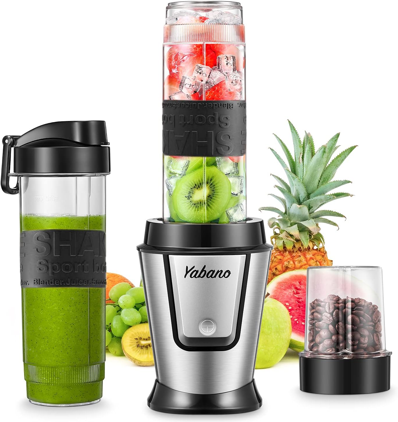 Blender Smoothie Makers 500W, 2 in 1 Multifunctional Personal Blender Mixer with 2x600ml Portable Bottles for Ice, Fruit, Vegetable, and 200ml Grinder, BPA-Free, Home/Outdoors, Sliver, by Yabano