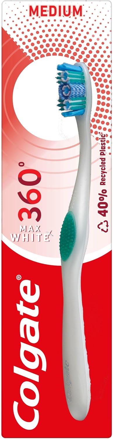 Colgate 360 Max White One Medium Bristles Toothbrush, Pack of 1, with Polishing Cups and Whitening Bristles for a Whiter Smile