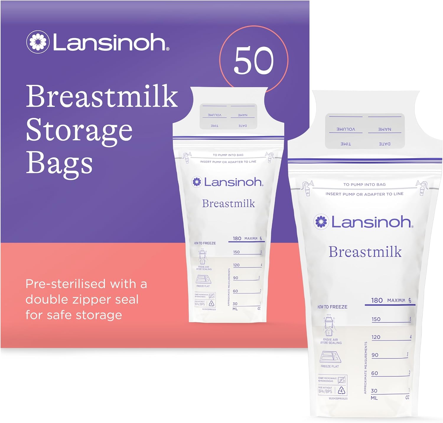 Lansinoh Breast Milk Storage Bags Breastmilk Pouches for fridge or freezer use, store flat or standing, BPA and BPS free, pre-sterilised, double zipper seal, Pack of 50