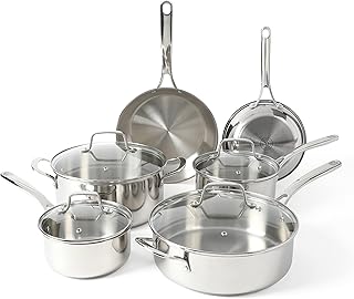 Martha Stewart Castelle 10 Piece 18/8 Stainless Steel Induction Safe Pots and Pans Non-Toxic Triply Bottom Kitchen Cookware Set