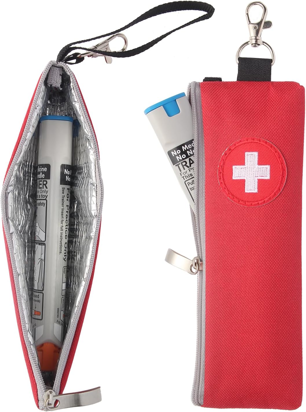 GENCAM EpiPen Carrying Case, 2 Pack Emergency Medical Bag with Carabiner, Medicine Bag for EpiPens, Asthma Inhaler, Auvi-Q,Eye Drops,Anti-Histamine,Allergy Medication (Red)