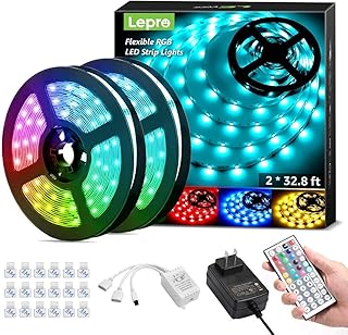 Lepro 65.6ft LED Strip Lights, Ultra-Long RGB 5050 LED Strips with Remote Controller and Fixing Clips, Color Changing Tape Light with 12V ETL Listed Adapter for Bedroom, Room, Kitchen, Bar(32.8FTX 2)