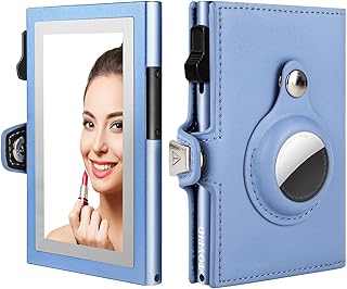 Women Wallet for Airtag, Small Pretty Wallet with Mirror for Women,Pop Up Wallet Compatible with Airtag, Tri-fold Genuine Leather Wallet Women with Mirror, Compact Wallet for Traveling (Blue)