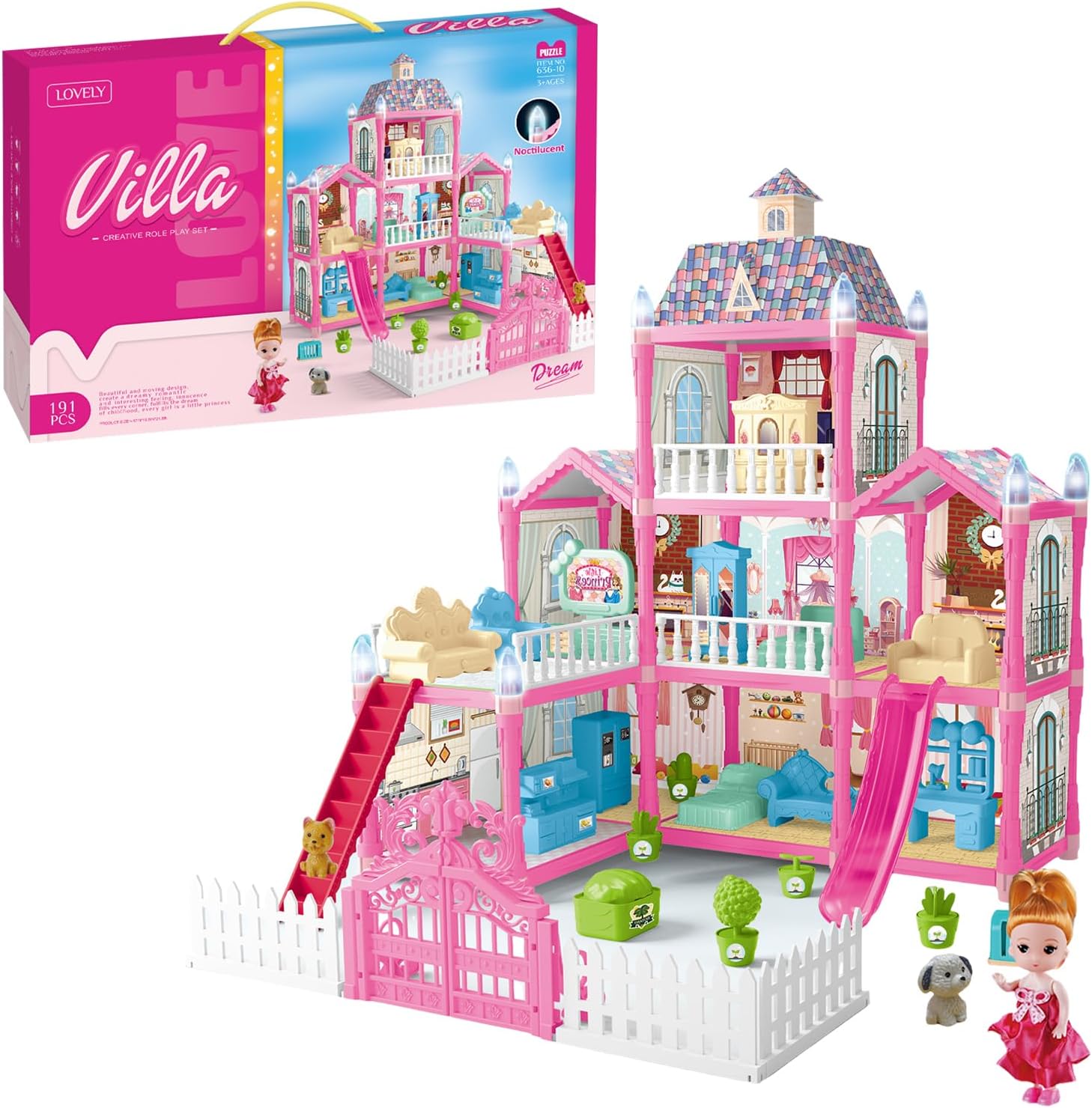 Balakaka Dolls House with 1 Toy Figures, 3-Floor & 8-Room Dollhouse With Light, Princess Dream House With Furniture & Accessories, Princess Castle Toy Gift for Girls Ages 3+