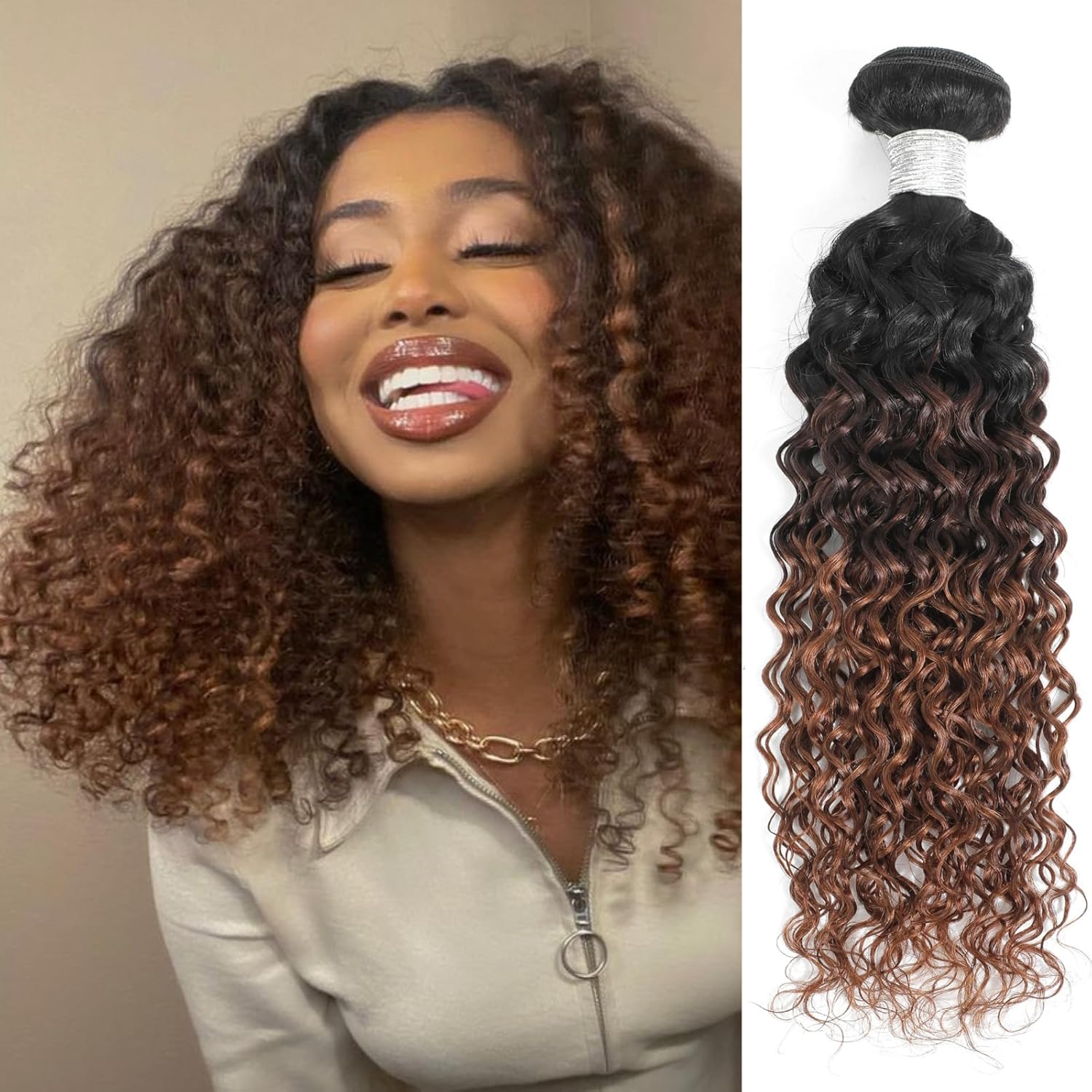 12A Ombre Human Hair Bundles Water Wave, Chestnut Ombre Brown 100% Remy Human Hair Curly Single Bundle Wet and Wavy Thick 3 Tone Colored #T1B/2/30 Dark Roots Keep Soft After Washes 10 Inch