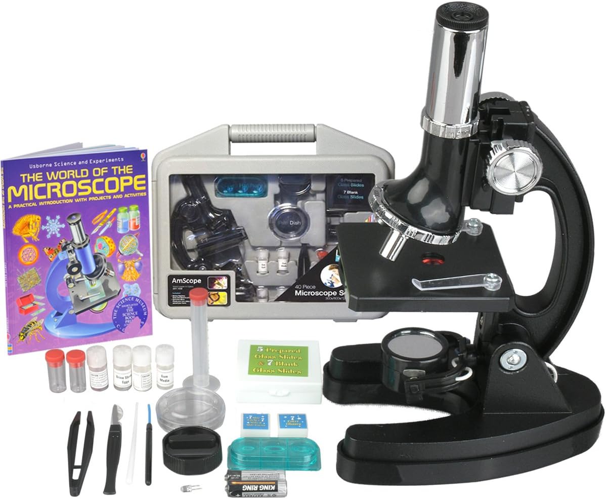 AmScope - 120X-1200X Kids 52 pc Microscope Science Kit + World of The Microscope Book - M30-ABS-KT2-WM - Black
