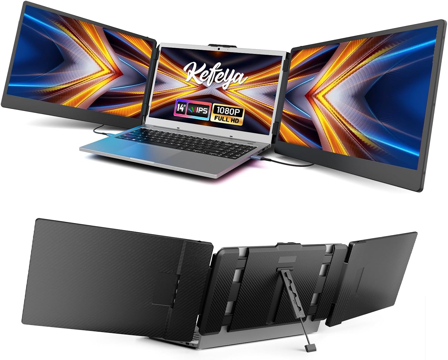 KEFEYA Portable Monitor for Laptop, 14” Full HD IPS Display Screen, Triple Laptop Screen Extender, Work with 13”-17” Mac Windows Chrome