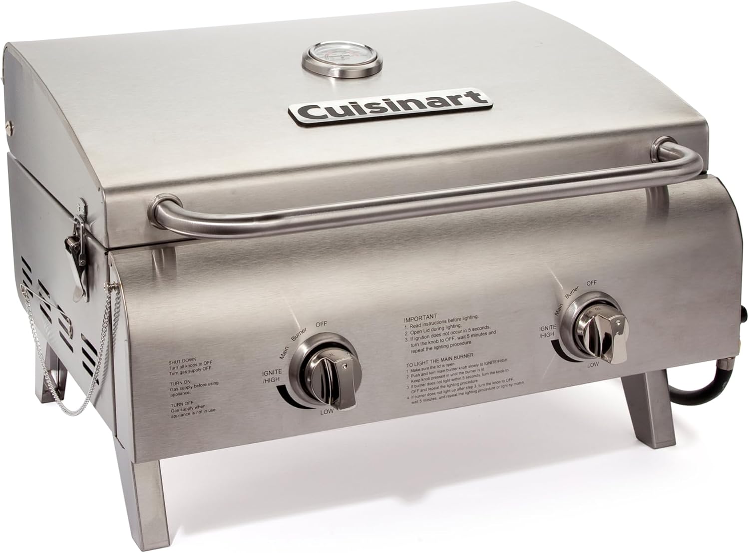 Cuisinart Chef's Style Tabletop Portable Propane Gas Grill with Dual Burners (20,000 BTUs Total), Twist-Start Ignition Stainless Steel BBQ Grill for Camping, Tailgates, BBQ, Hassle-Free Setup