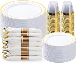 350PCS Gold Plastic Dinnerware Set, Disposable Party Plates for 50 Guests, Include: 100 Plastic Plates, 50 Pre Rolled Napkins with Gold Silverware, 50 Cups