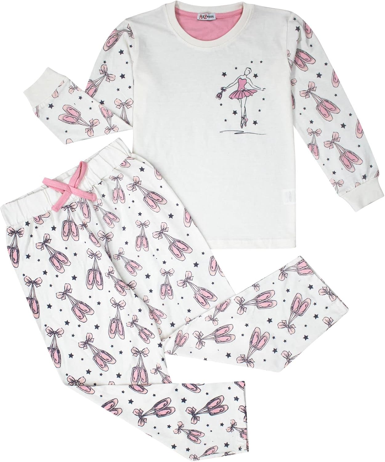 A2Z 4 Kids Girls Ballerina Print Children PJs 2 Piece Cotton Set Lounge Suit Nightwear Sleepwear Top Bottom Pyjamas Loungewear Dress Up Outfit Set Gifts for Children & Girls Age 2-13 Years