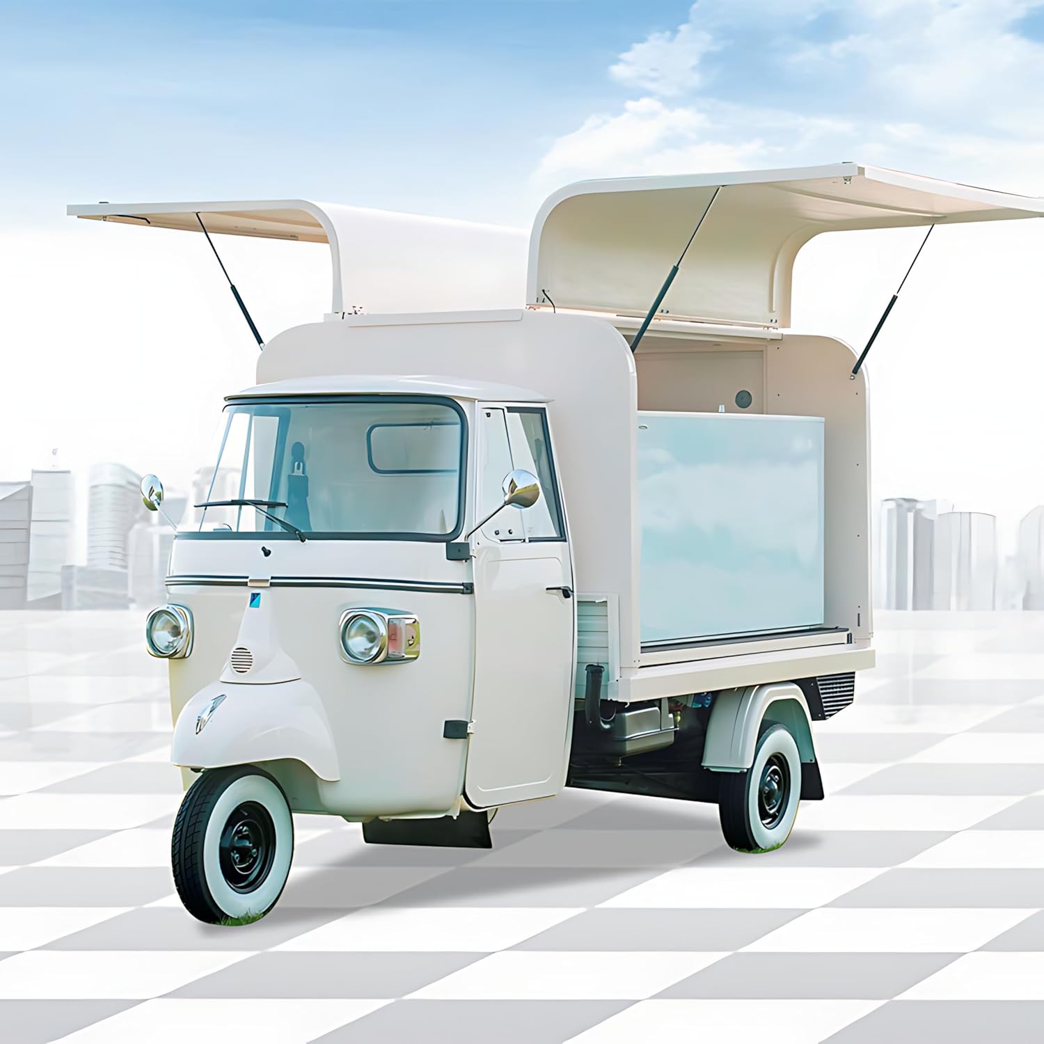 Lift-Up APE Food Trailer with Refrigerator, APE Food Trailer, Portable APE Food Truck for Sale, DIY Small White APE Cart for Business Use, Ideal Food Truck Equipment