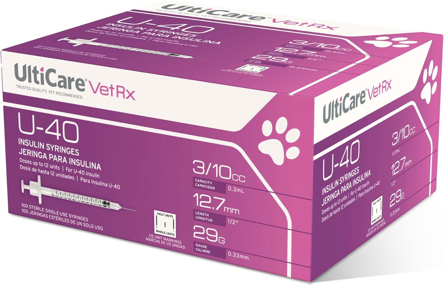 UltiCare VetRx U-40 3/10cc Pet Insulin Syringes - 3/10cc, 29G x 1/2’’, HALF UNIT Markings, 100 ct, Comfortable and Accurate Dosing, Compatible with Any U-40 Strength Insulin