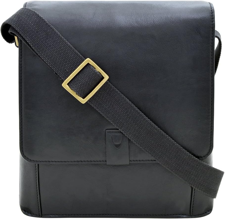 Hidesign Aiden Genuine Leather Medium Crossbody Men/Women Shoulder Messenger Bag / Travel Bag / 10.5" iPad Bag, Black