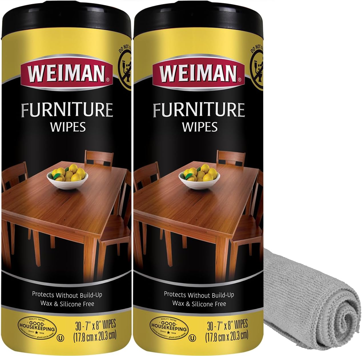 Weiman Wood Polish and Cleaning Wipes, For Furniture Cleaner, Protect from Watermarks, Stains & Aging, No Build-Up, UVX-15 Prevent Drying, Fading & Discoloration, 2 Pack with Microfiber Cloth