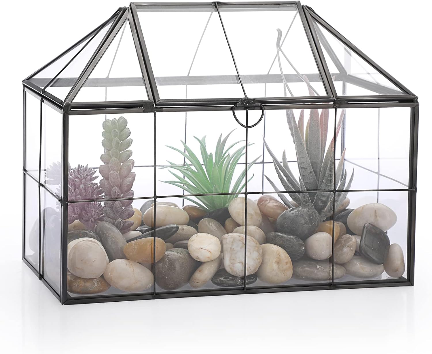 SUMTree Black Glass Plant Terrarium with Square Grid, Garden Moss Container with Swing Lid, Airplant Display Box for Succulent Plants, Glass Rectangle Indoor Air Plant Container, Black