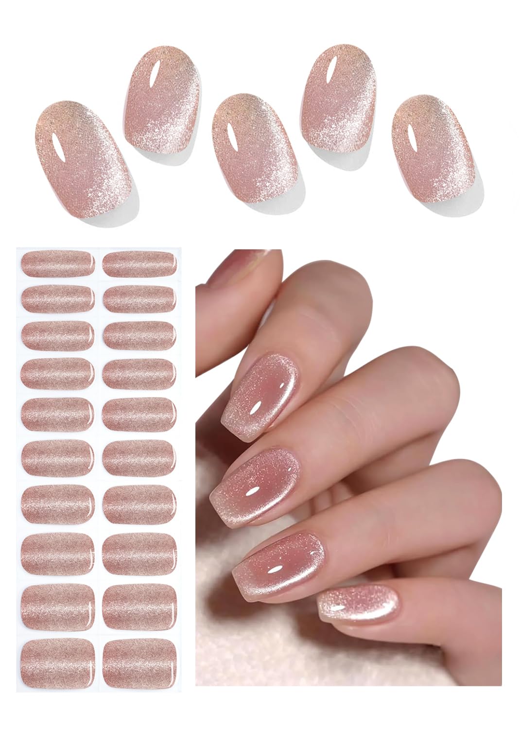 Semi Cured Gel Nail Strips, Nude Cat Eye 20pcs Gel Nail Stickers Work with UV, Gel Nail Wrapsfor Home Nail Art DIY, Easy to Use and Remove
