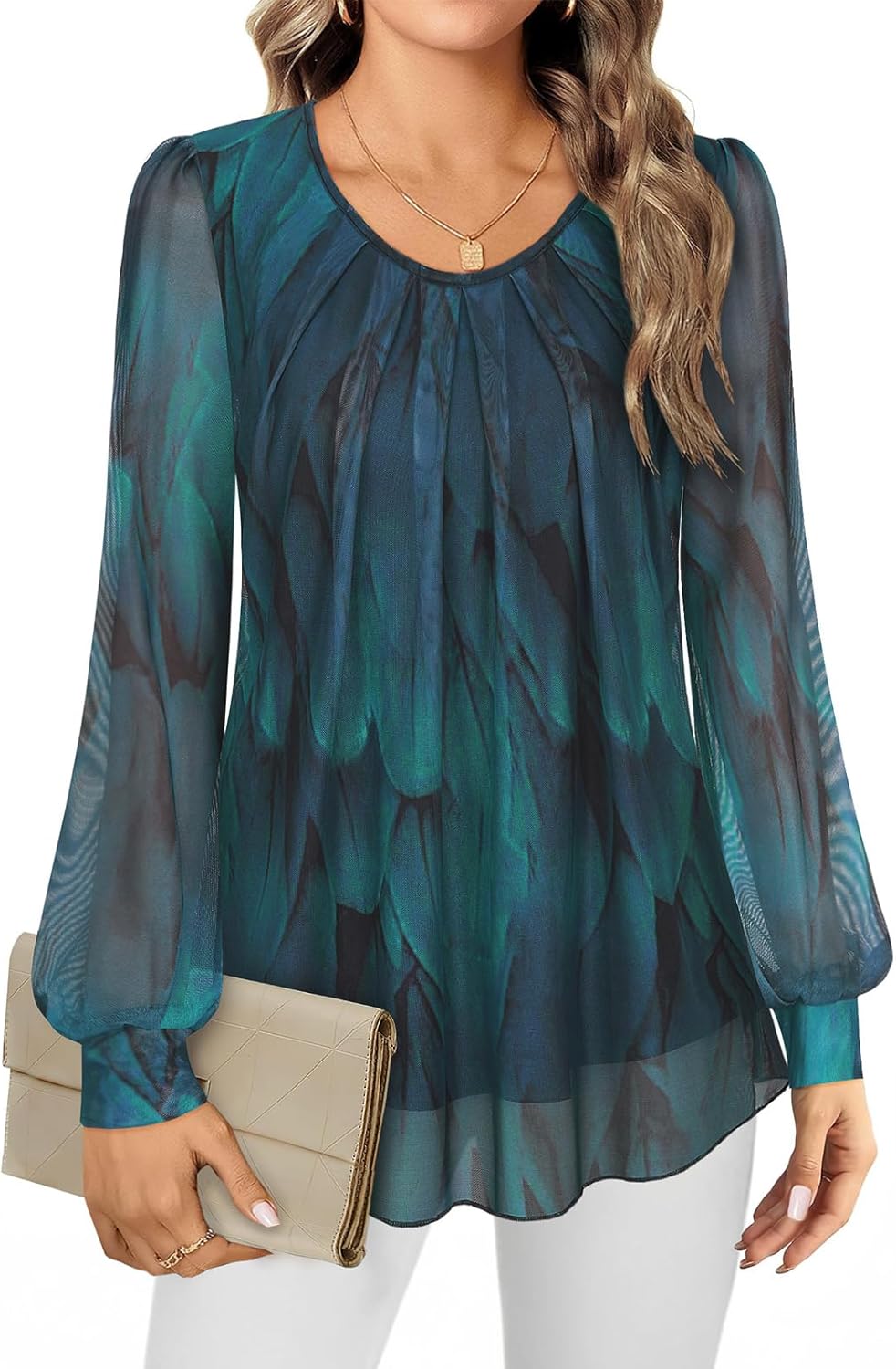 Gemulate Women's Blouses Ladies Long Sleeve Tops Chiffon Tops for Women UK Crew Neck Pleated Front Loose Fit Ladies Top Flowy Double Layered Mesh Shirts M-3XL