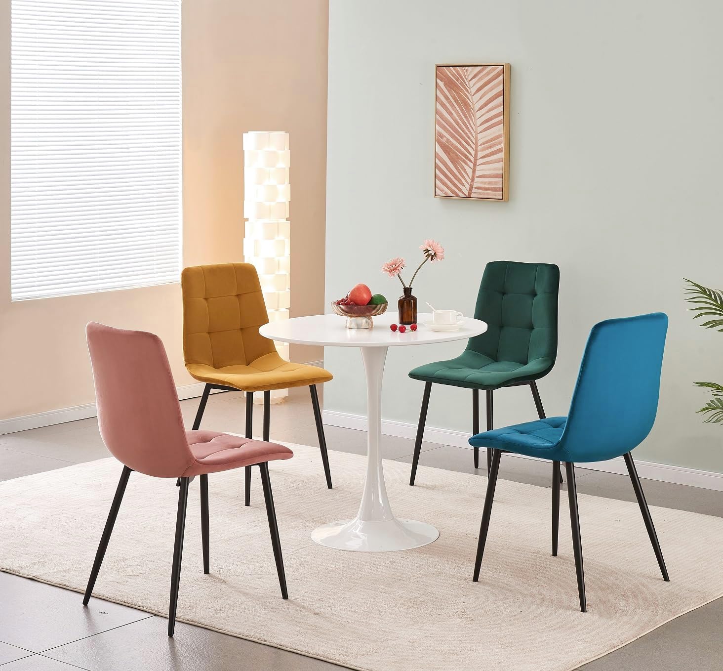 MOF Home Modern Velvet Dining Chairs, Set of 4, Velvet Tufted Upholstered Kitchen Chairs with Metal Legs, Multi-Color (CHECK PATTERN, MIX COLOUR AS IN MAIN PICTURE)