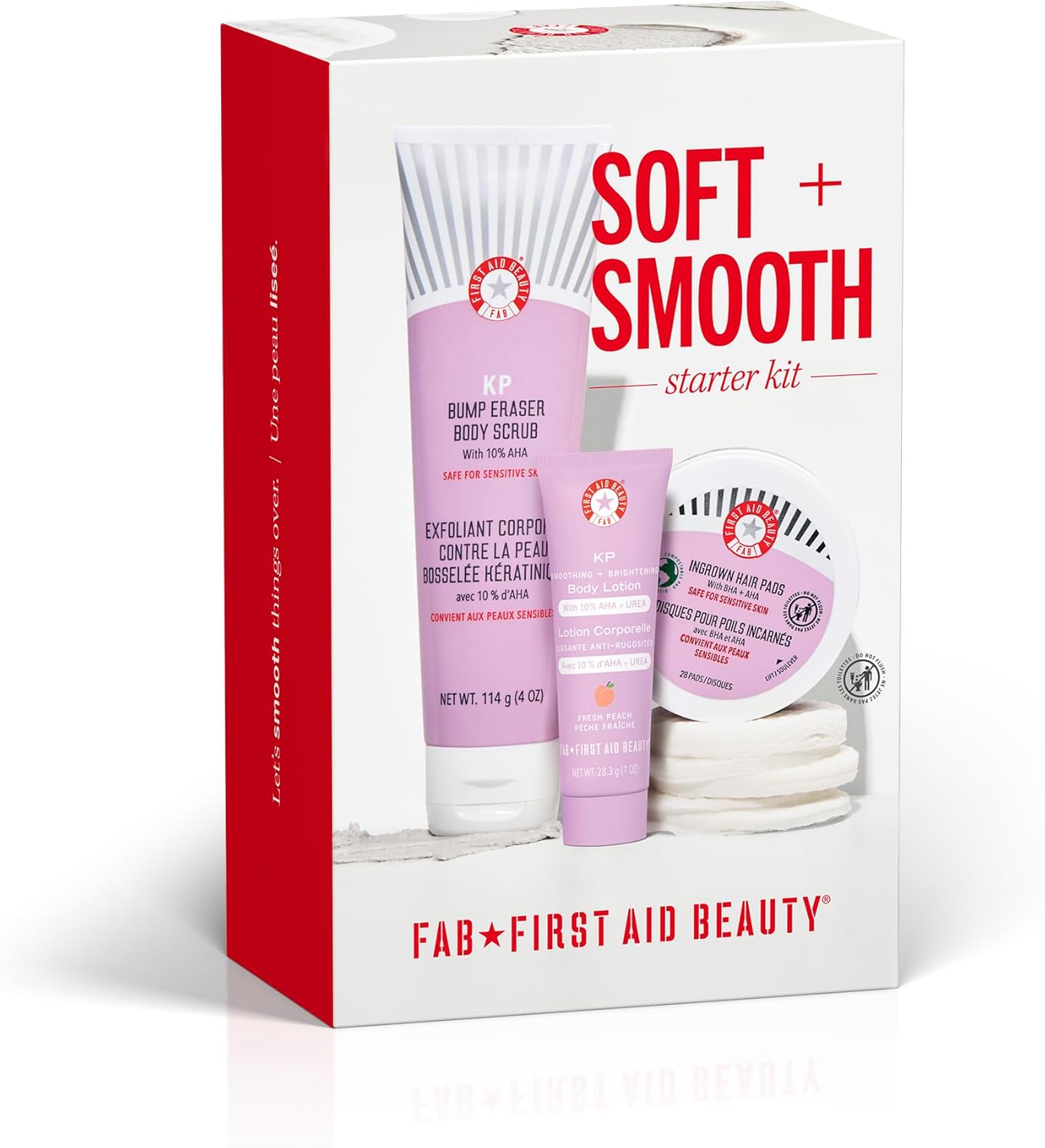 First Aid Beauty - Soft & Smooth Starter Kit, KP Bump Eraser Body Scrub with 10% AHA, 114 g, KP Smoothing Body Lotion with 10% AHA (Fresh Peach), 189.9 g, & Ingrown Hair Pads with BHA + AHA, 28 ct