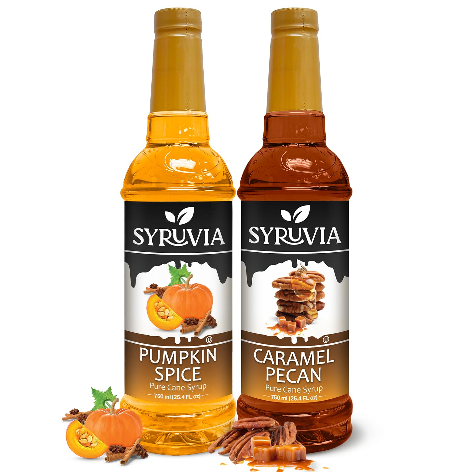 Syruvia Holiday Pumpkin Spice & Caramel Pecan Syrup Set – Perfect for Coffee, Lattes, Tea, Italian Sodas, Beverages, Desserts, Ice Cream, Kosher, Gluten-Free, 25.4 fl oz Each (2-Pack)
