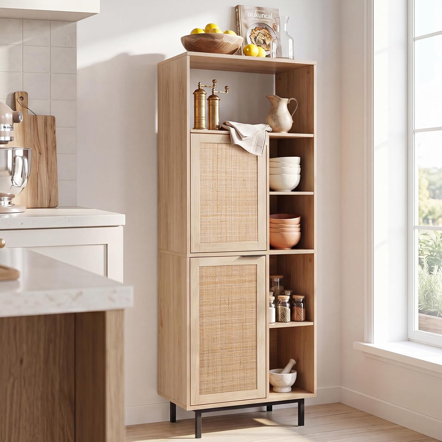 COSTWAY 120cm Storage Cabinet with 2 Rattan Doors & 5 Compartment (Natural)
