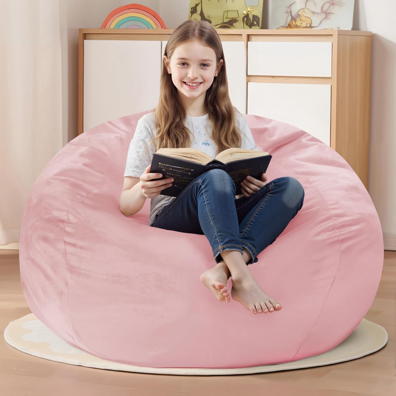 Homguava 2FT Bean Bag Chair: 2' Bean Bags with Memory Foam Filled,Comfy Beanbag Chairs Round Bean Bag Sofa with Dutch Velvet Cover-Light Pink