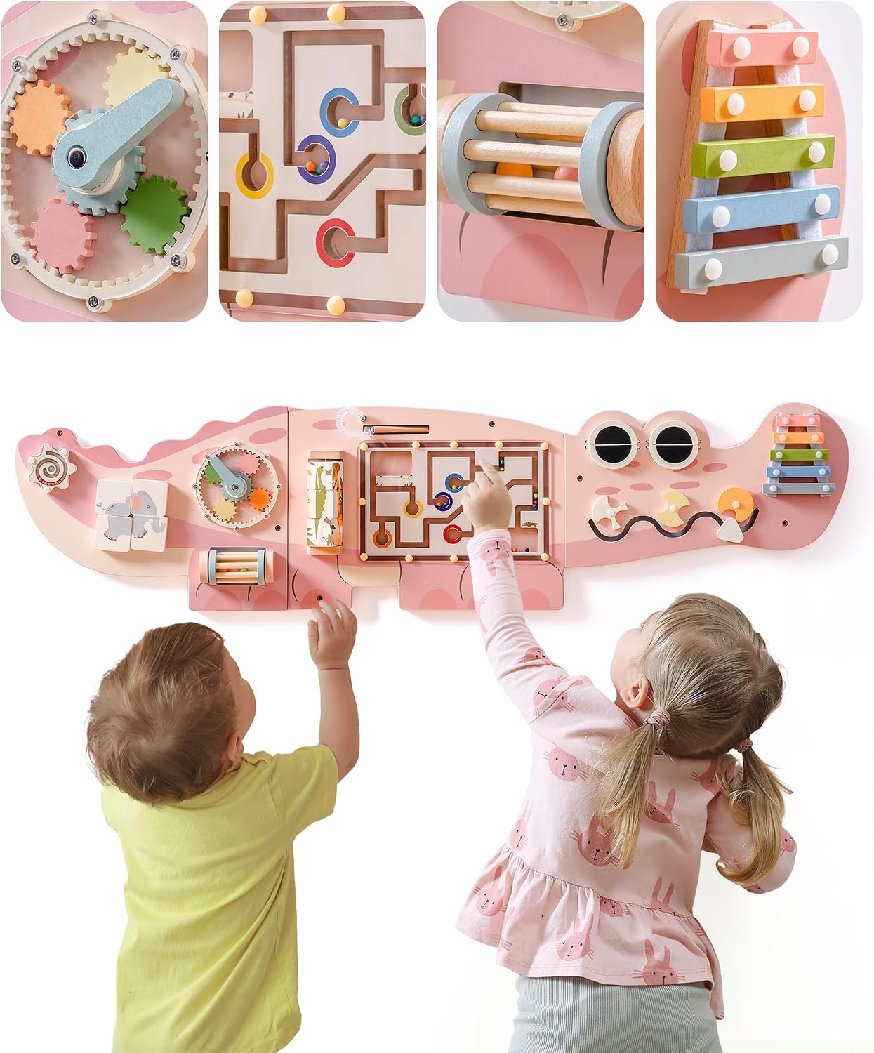 ROBOTIME Crocodile Wooden Busy Board, Multi-Interactive Activity Wall-Mounted Centre, Montessori Toy with Bead Maze, Educational Toys with Xylophone, Gift for Toddler Pink | Bead Mazes, Shape Matching, Gears and 5-Note Xylophone for Hands-On Play, Ages 3+