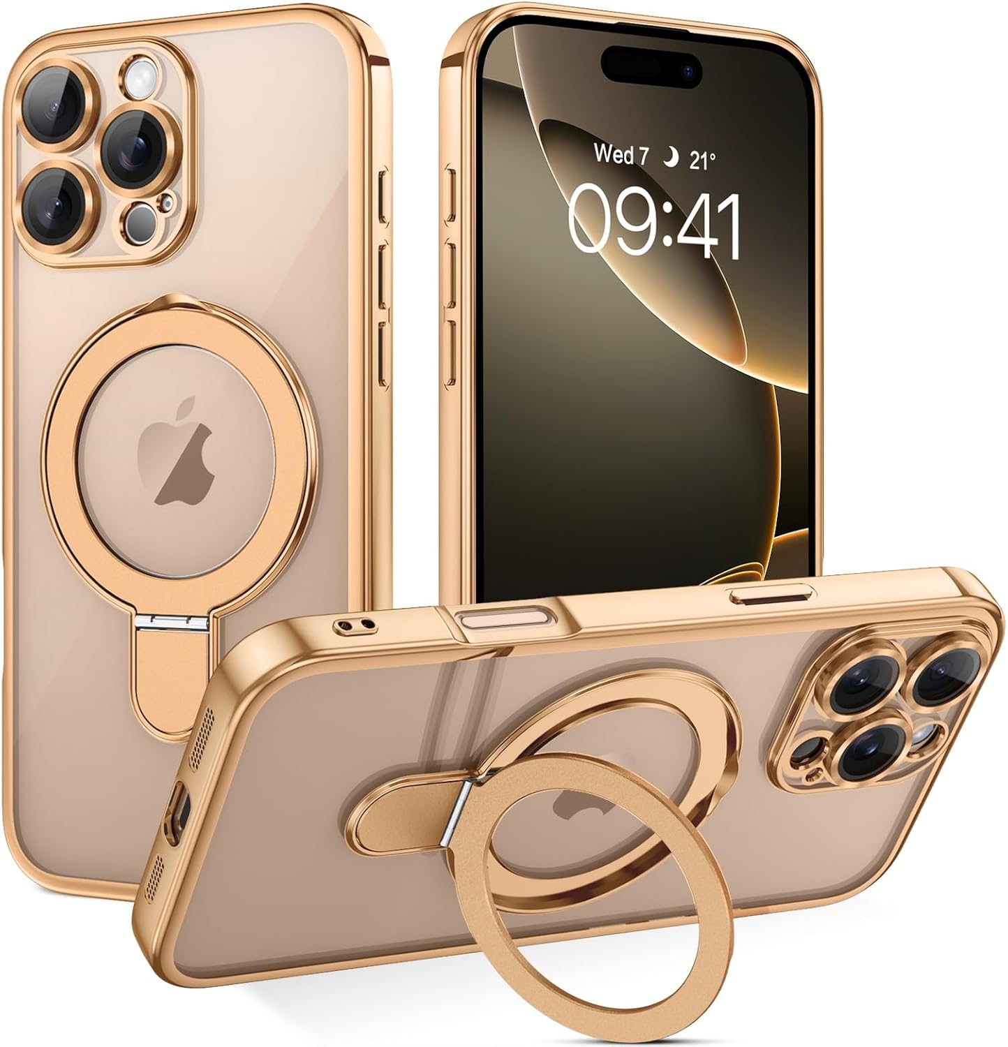 BENTOBEN Magnetic Case for iPhone 16 Pro [Compatible with Magsafe], Invisible Ring Stand Clear Back Soft TPU Plating Edge Military Grade Protection Shockproof Cover for iPhone 16 Pro, Desert Titanium