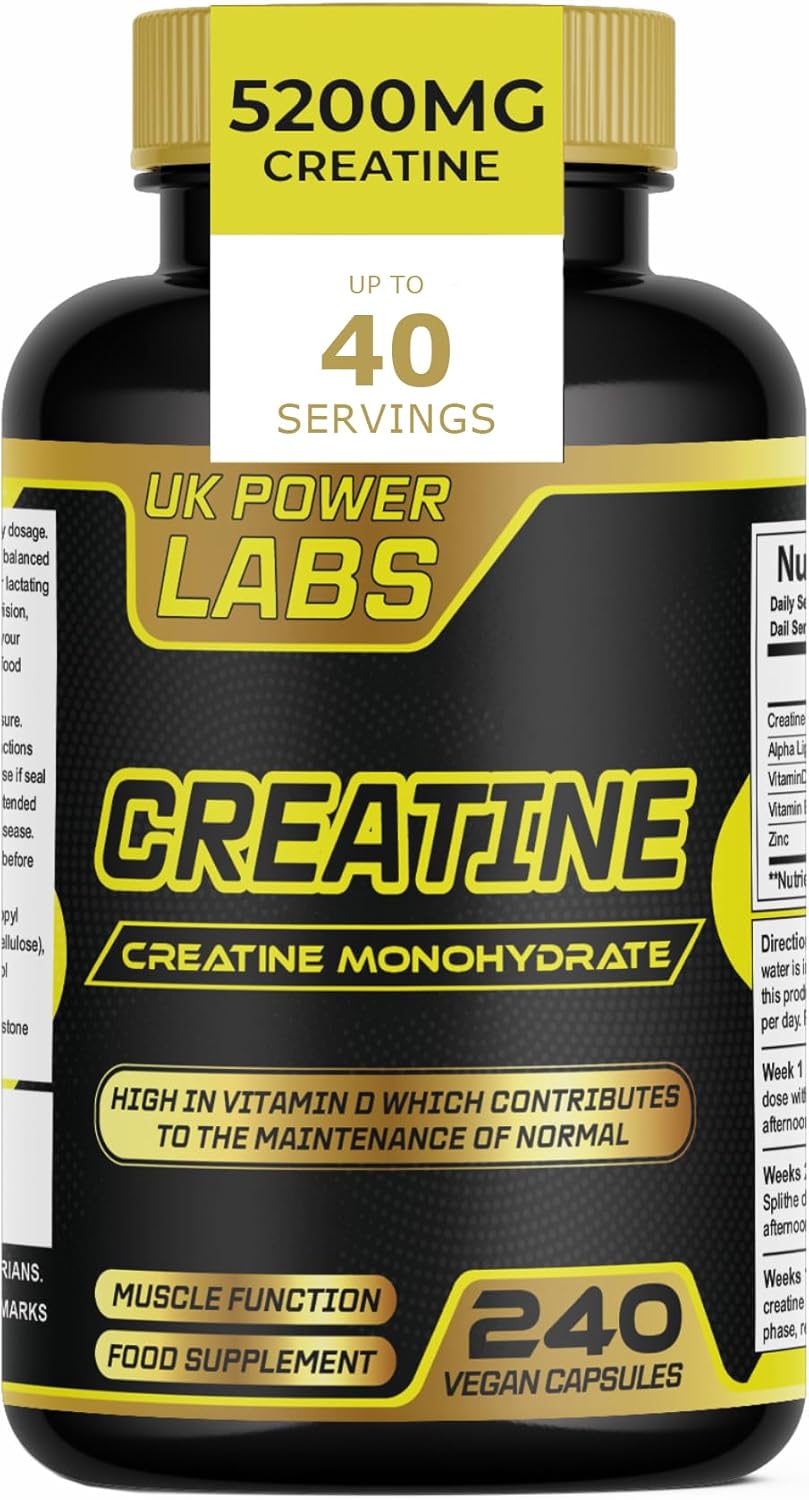 Creatine Capsules 5200mg – High Strength Creatine Monohydrate Capsules for Muscle Growth & Recovery – 240 Vegan Creatine Pills - UK Power Labs