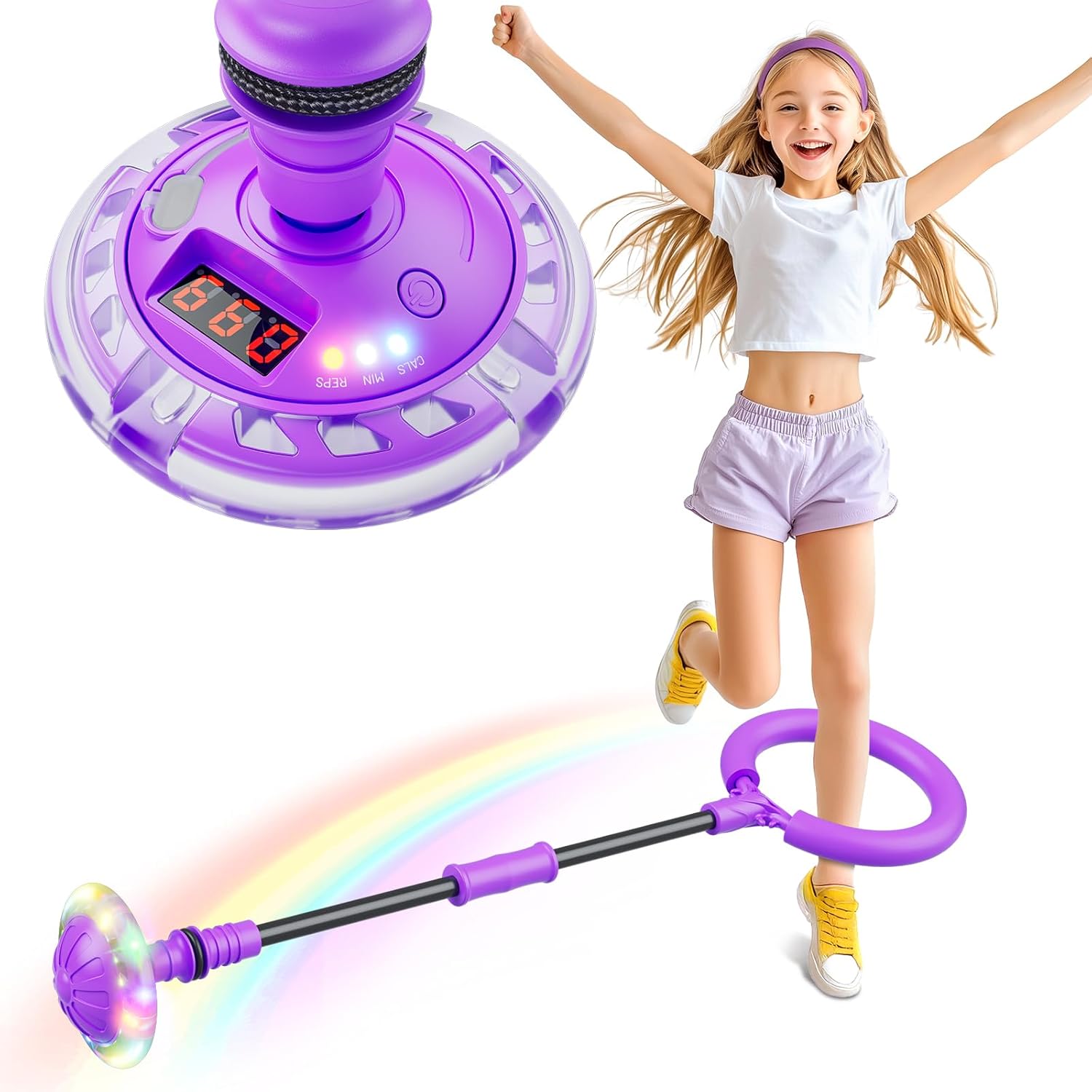 Ankle Skip Ball for Kids with Counter, Timer, Cal Calculator, Girl Birthday Gifts for Age 5 6 7 8 9 10+, Rechargeable Foldable Sports Toy Skip it Toy for Kids Xmas Present Purple