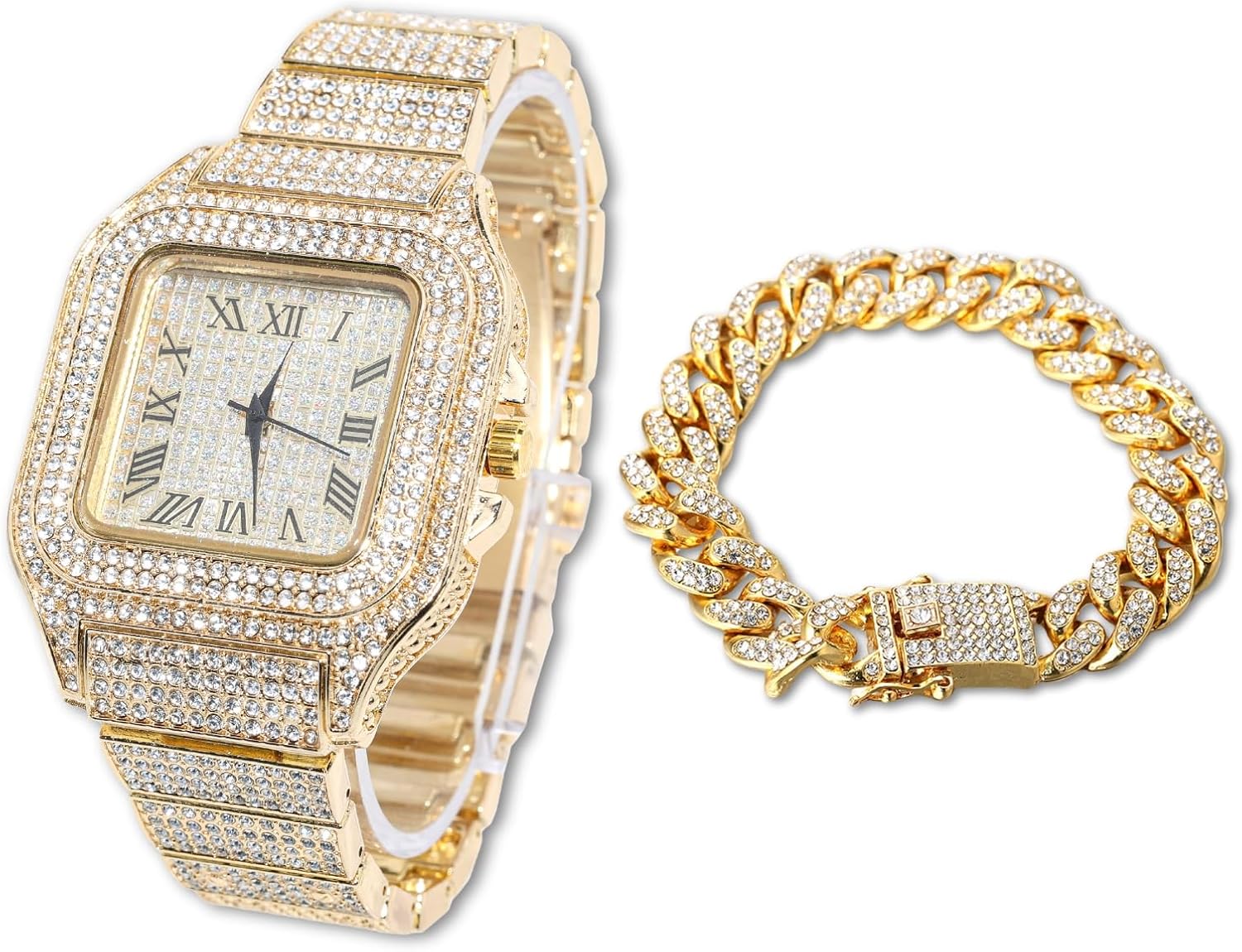 Halukakah Men’s Watch - The King - 18K Gold/Platinum Plated, 40MM Square Dial, Iced Out Wristband, with Cuban Link Chain Necklace and Bracelet Set Optional, Comes in Giftbox