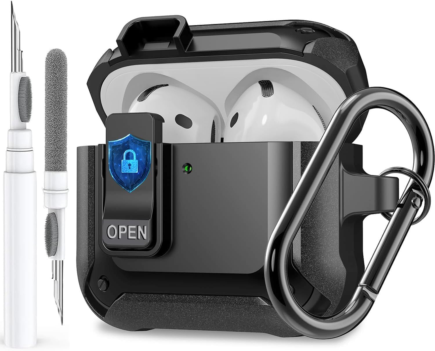 OTOPO for Airpods 4 Case with Secure Lock Clip, Rugged Airpods 4th Generation Cover 2024, Armor Shockproof iPod Case 4th Gen Protective Hard Shell with Carabiner & Cleaner Kit for Men Women Black