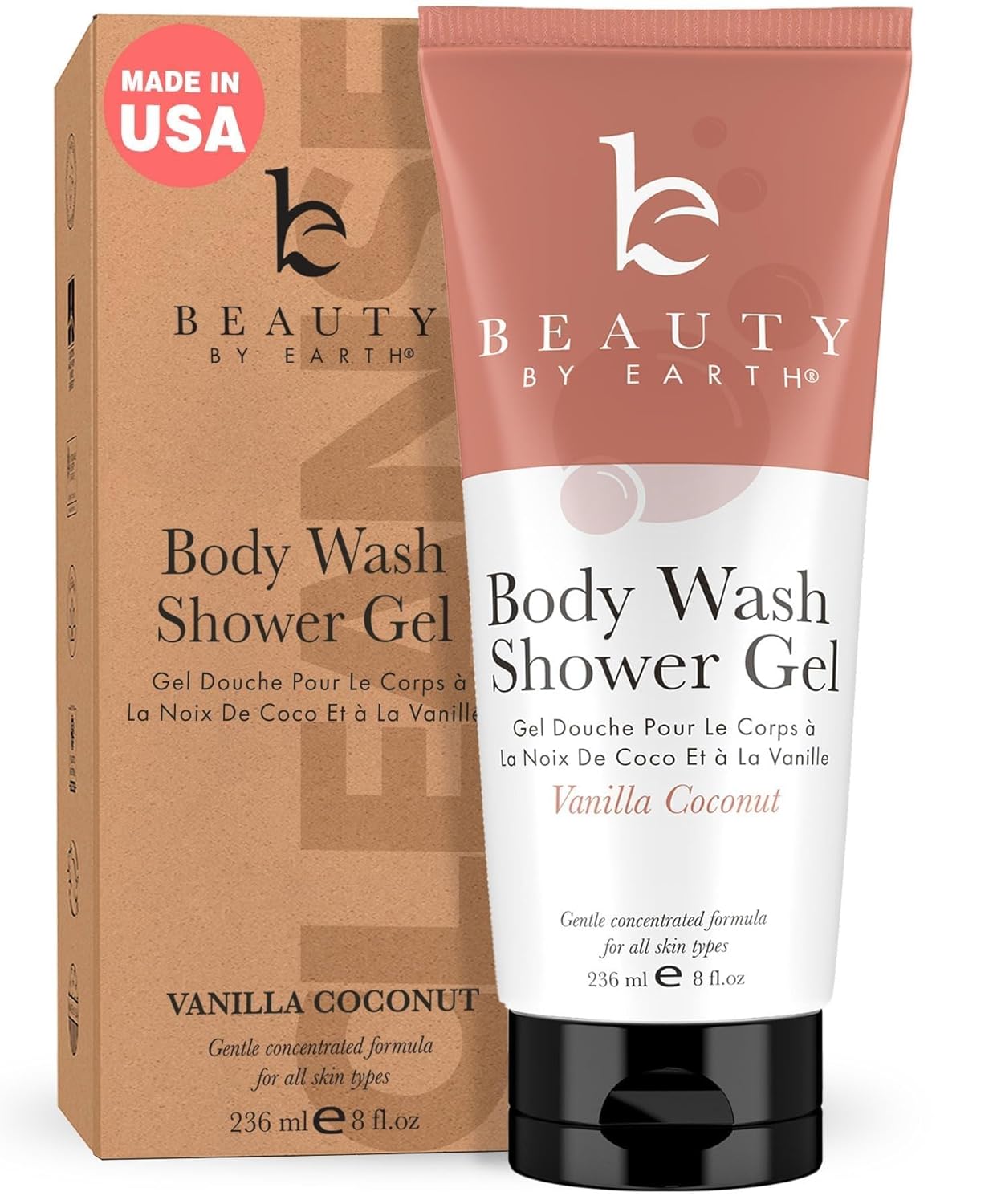 Vanilla Coconut Shower Gel Body Wash - USA Made with Organic & Natural Ingredients, Moisturizing Cleansing Gel for Women, Gentle & Non Toxic Daily Wash for Sensitive Skin, Clean Body Soap Liquid