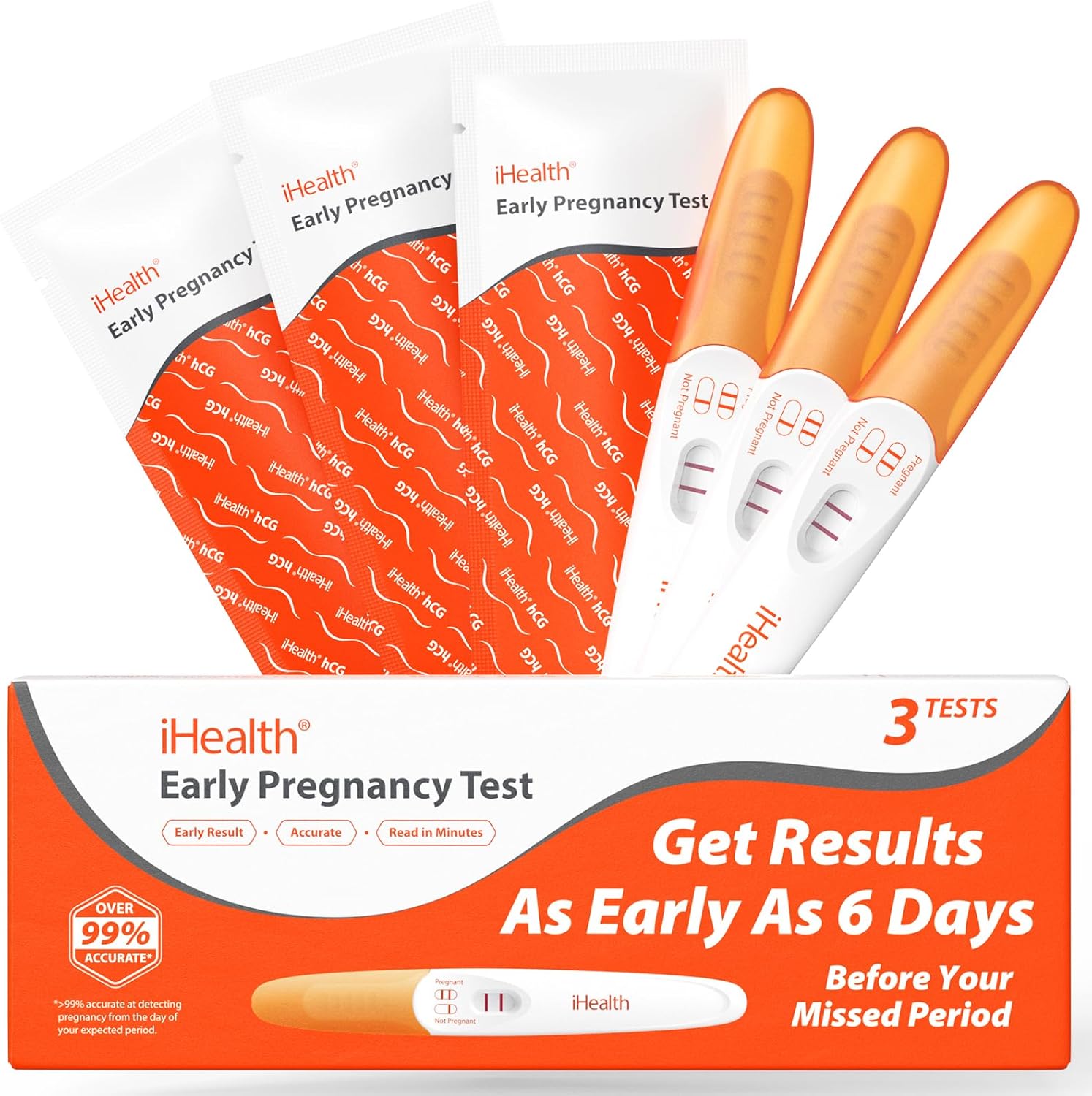 iHealth Early Detection Pregnancy Test 3 Pack, Ultra-Sensitive Results 6 Days Before Missed Period, Over 99% Accurate. Easy at-Home Fertility HCG Test Kit, Individually Wrapped, Pruebas de embarazo