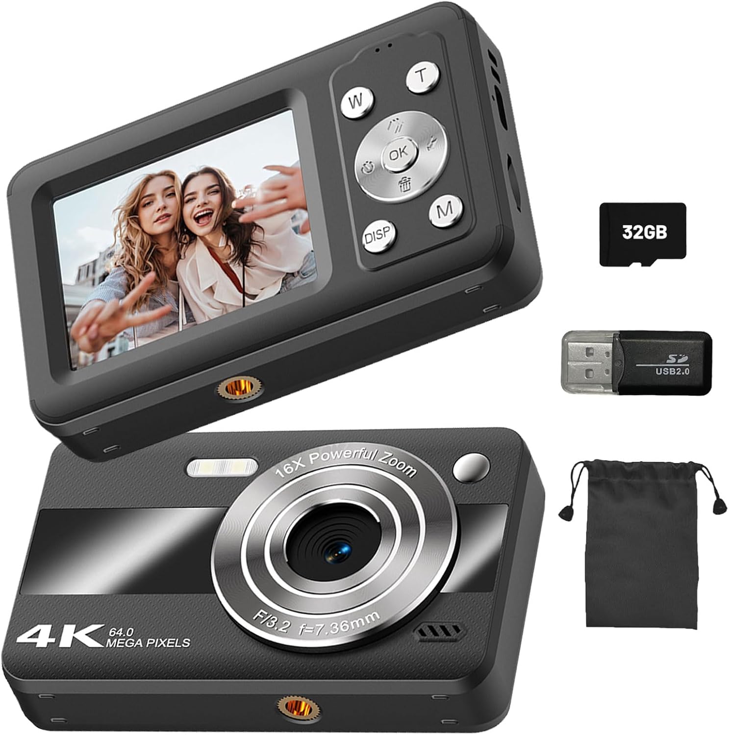 Digital Camera Portable 1080P Compact Cameras with 32G Memory Card 2.4" LCD Screen Timer Beauty Filters Fill Light 16X Digital Zoom , Vlogging Photo Camera for Kids, Beginners