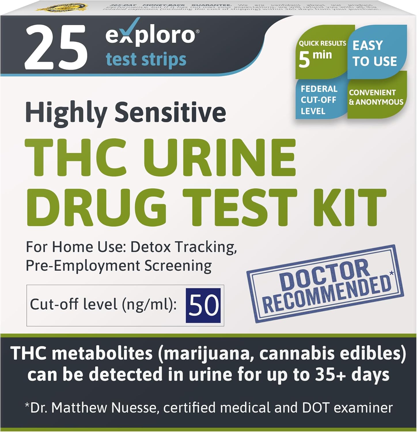 Exploro Highly Sensitive at Home Marijuana Drug Test Kit, THC Drug Test Kit Marijuana/Weed, THC Drug Test Urine, Easy Home Drug Test Marijuana/THC Substance Abuse, 25 THC Test Strips/Sticks, 50 ng/ml