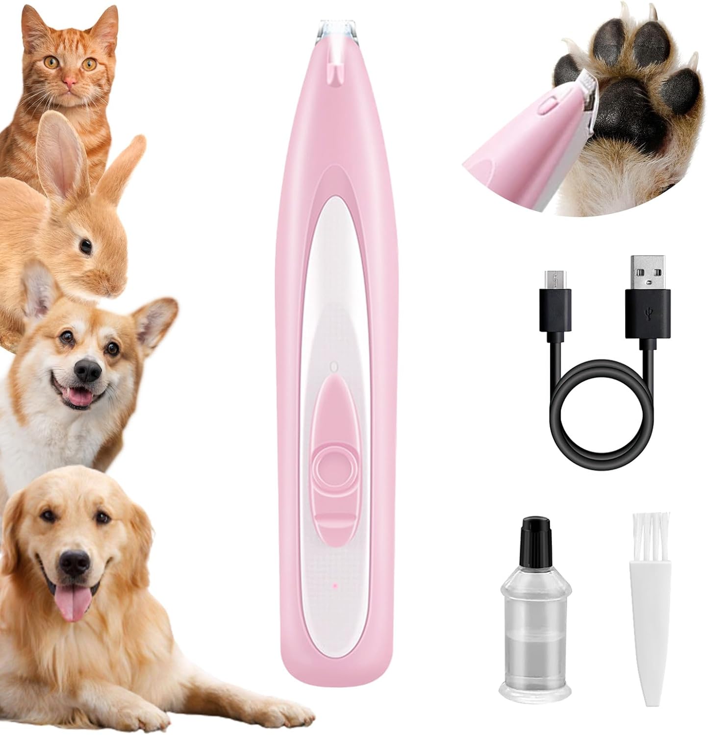 Dog Paw Trimmer, Pet Paw Trimmer for Dogs Cats and Small Pets, Rechargeable Pet Hair Shaver for Trimming Hair Around Paws, Eyes, Ears(Pink)