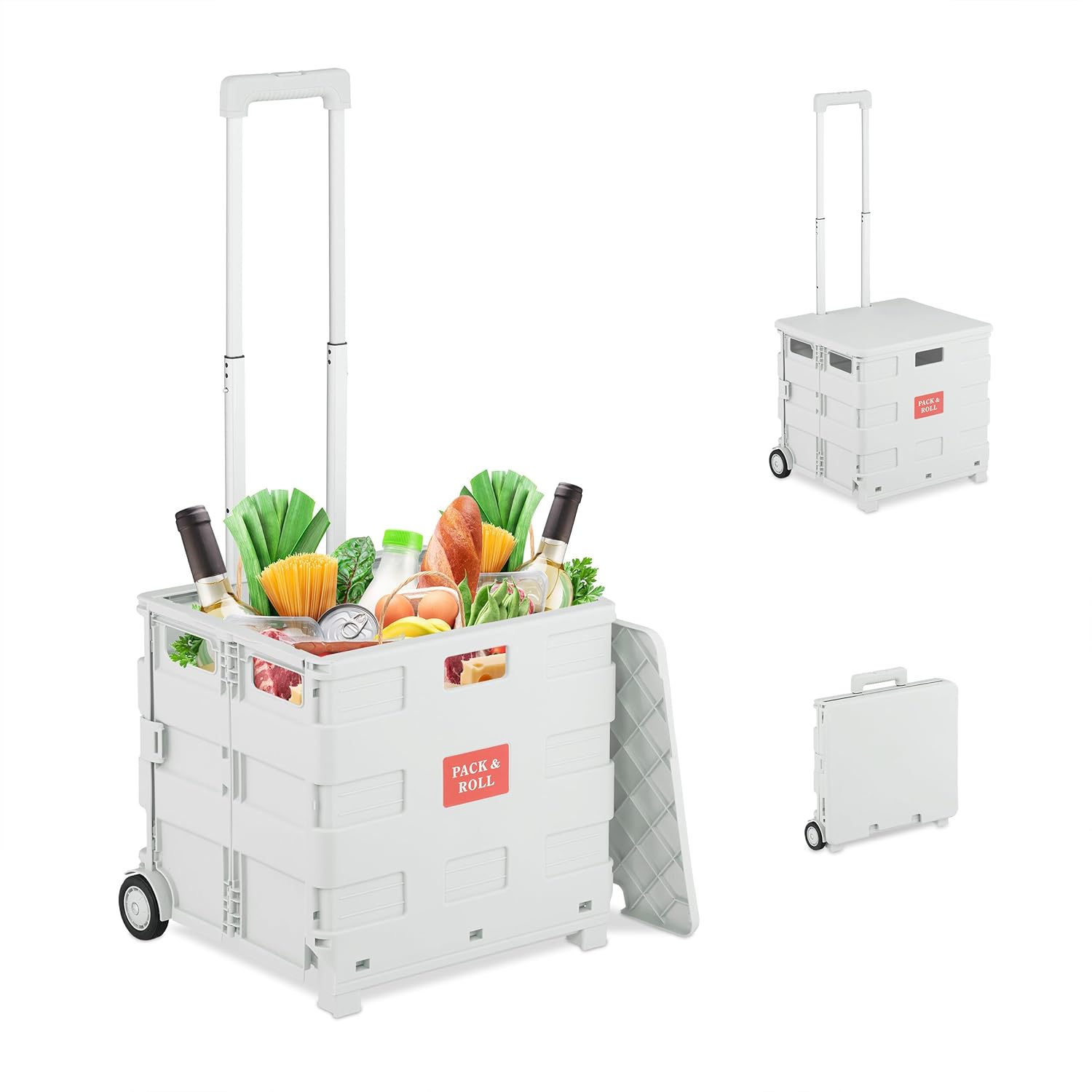 Relaxdays Shopping Trolley, Foldable, Wheels, Lid & Telescopic Handle, up to 35kg, Cart, Basket, White, 99 x 45.5 x 37 cm