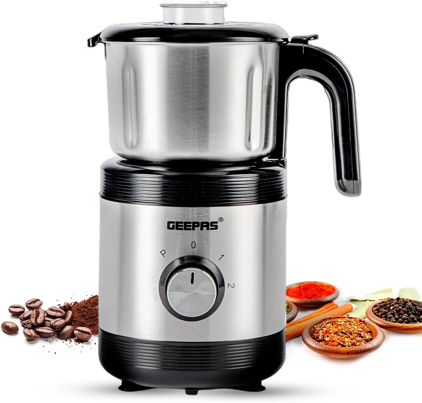 Geepas Coffee Grinder Food Processor 450W Electric Wet & Dry Grinder Coffee Mill Stainless Steel Jar & Blades for Coffee Spice Spices Chutney, 2 Speed Pulse - Detachable Bowl, 800ML Capacity, Silver