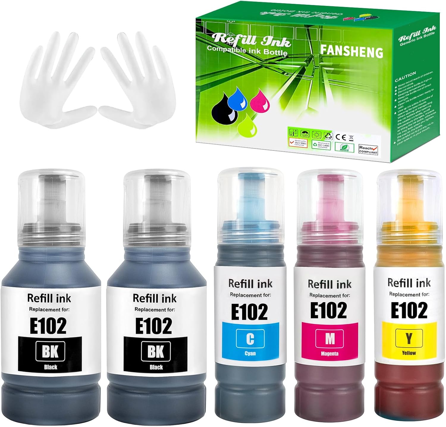 FANSHENG E102 Ink Compatible with E102 ink refill bottles for ET-2850 ET-4850 ET-2856 ET-3850 ET-15000 ET-2750 ET-2751 ET-2700 ET-3700 ET-3750 ET-4750 ET-4856 ET-2756 (5 Pack 2BK/C/M/Y)