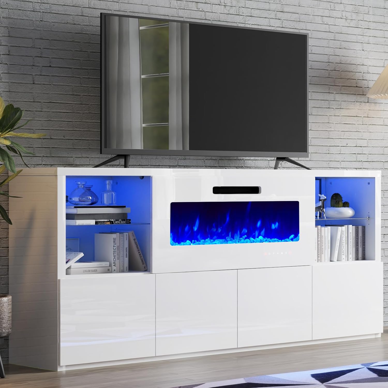 AMERLIFE Modern High Gloss 68/'' Fireplace TV Stand, Media Entertainment Center with & LED Lights for TVs up to 78/'', Console Storage Cabinet Adjustable Glass Shelves, White, FTS110A+11C-2