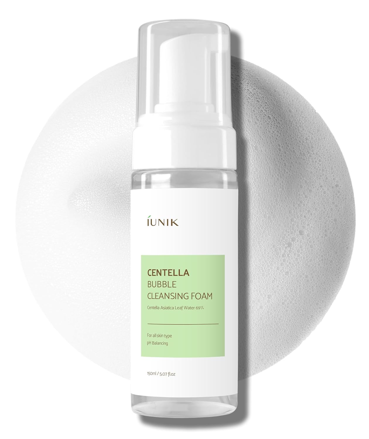 IUNIK Centella Bubble Foaming Vegan Facial Cleanser - 69% Centella Asiatica Extract, Soothing, Moisturizing, Exfoliating, Removes Pore Blackheads, Whiteheads, 5.07 Fl Oz
