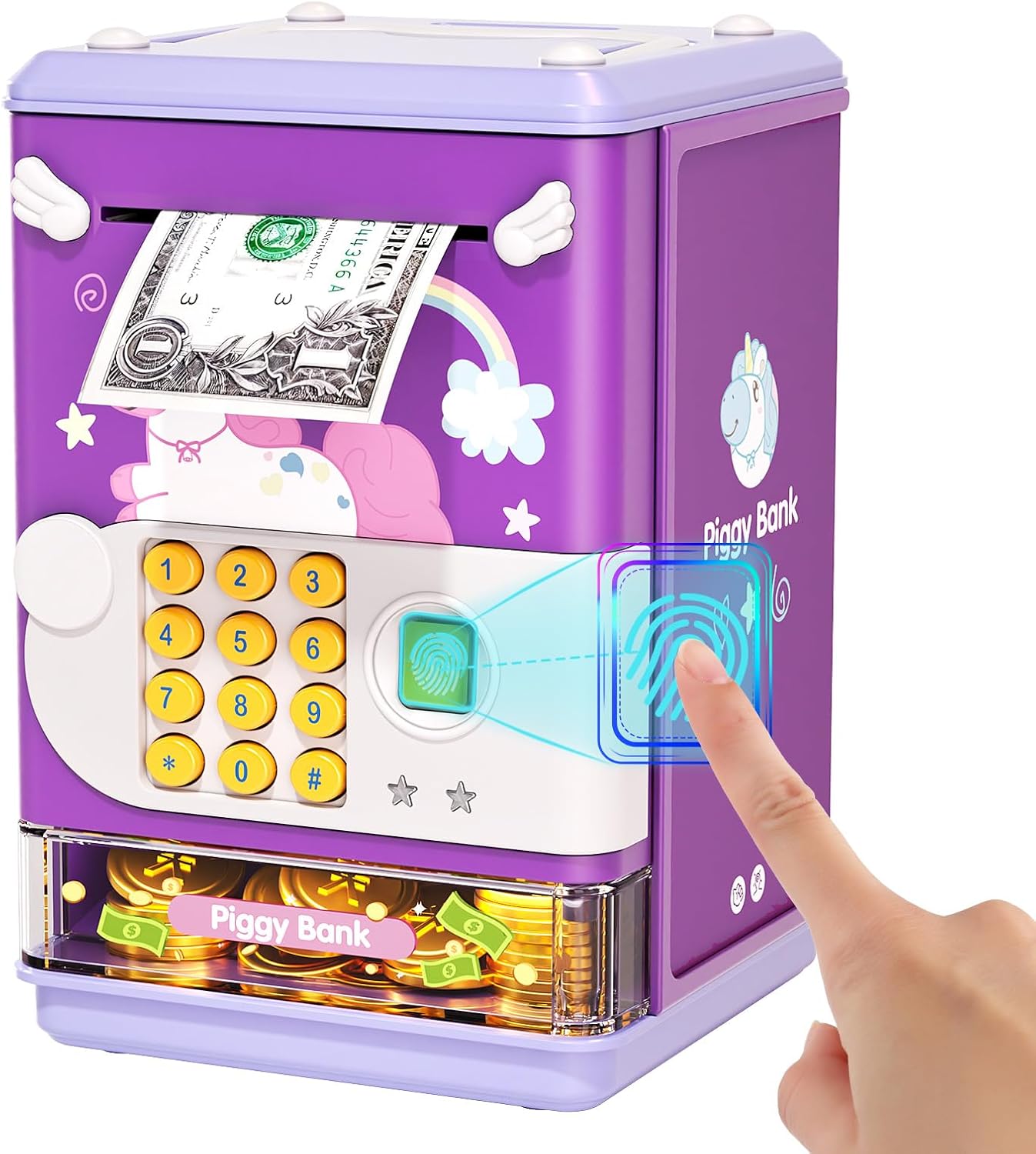 Piggy Bank Toy Electronic Mini ATM Savings Machine with Personal Password & Fingerprint Unlocking Simulation - Music Box with Songs for Kids, Boys and Girls Age 3-8 Years (Purple)