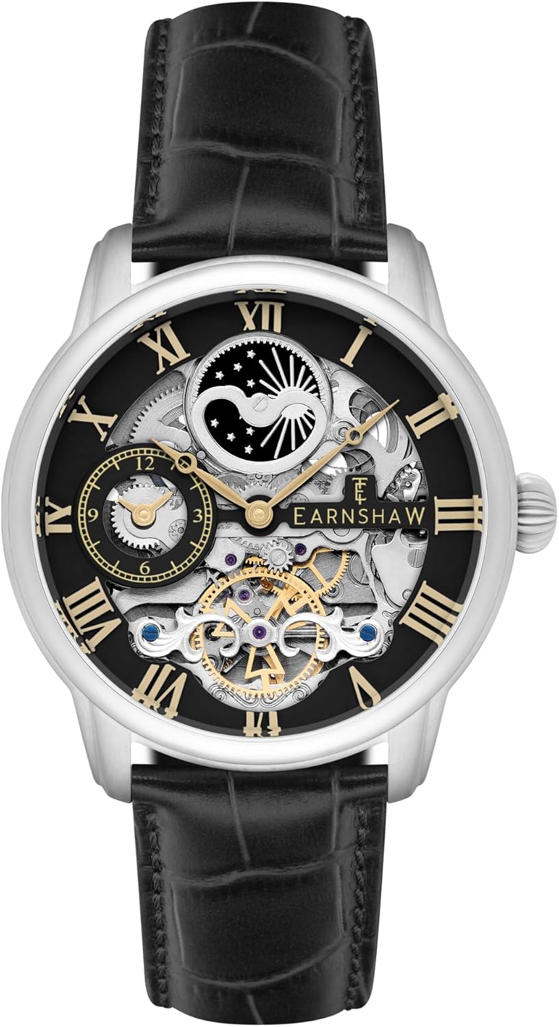 Thomas Earnshaw Mens 44mm Longitude Dual Time Automatic Skeleton Watch with 12 Hour Dual Time, Sun & Moon Display and Decorated Rotor