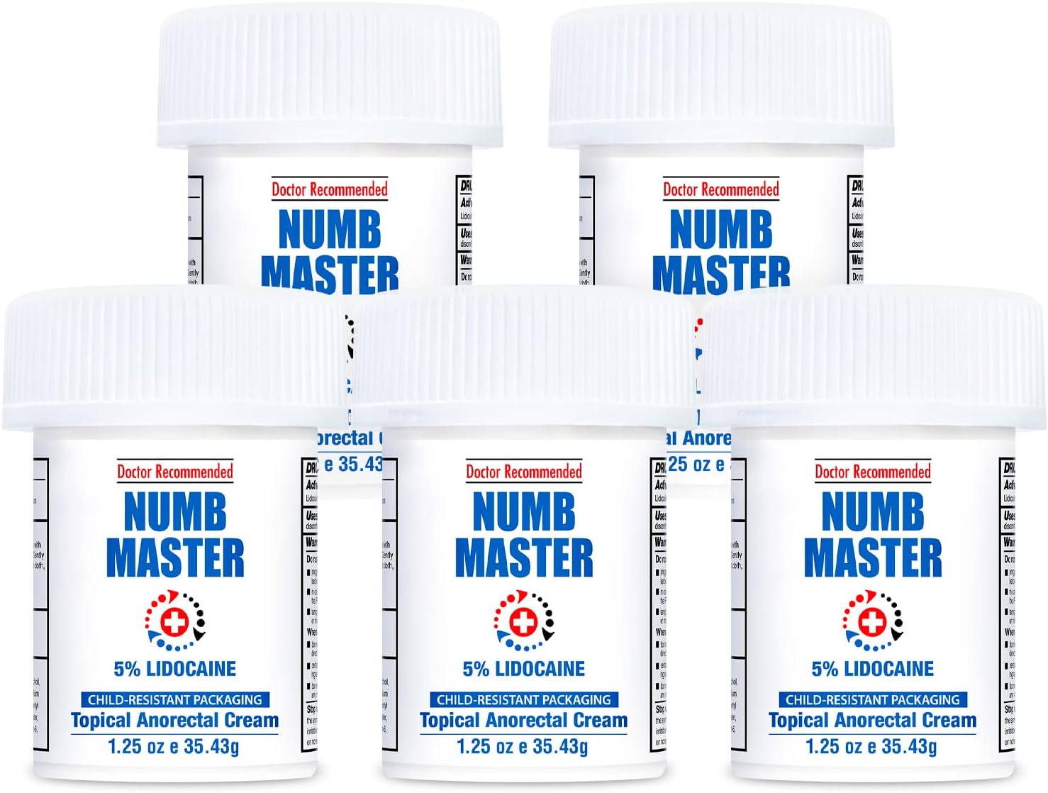 Clinical Resolution Numb Master 5% Lidocaine Topical Numbing Cream, Maximum Strength Long-Lasting Pain Relief, Fast Acting Topical Anesthetic Cream with Aloe Vera, Vitamin E 1.25oz 5 Packages