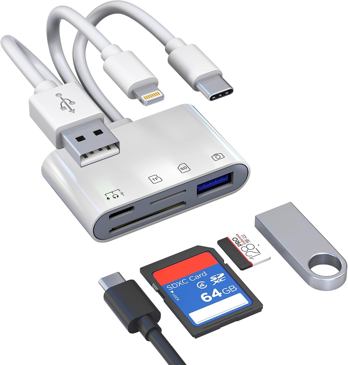 Digital Camera Photo Transfer to iPhone with Lightning/USB-C/A, TF/SD Card Reader for iPhone with USB A/USB C Charge+Data Female Ports, 4-in-1 OTG Adapter for Digital Camera Transfer & USB Flash Drive