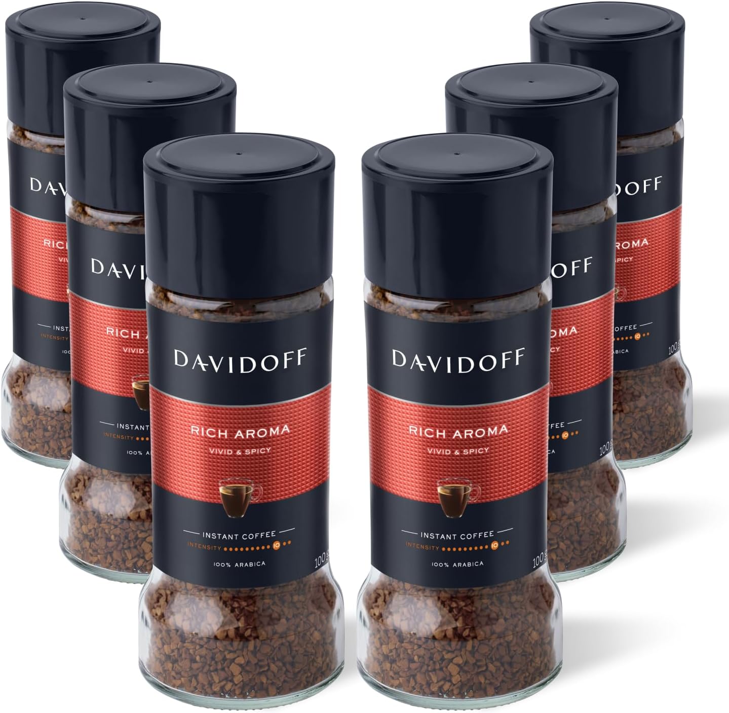 Davidoff Rich Aroma Instant Coffee 6 Pack – 9/12 Intensity – 100% Arabica, Premium Dark Roast, Bold & Aromatic with Spicy and Fruity Notes – 6 x 100g Jars