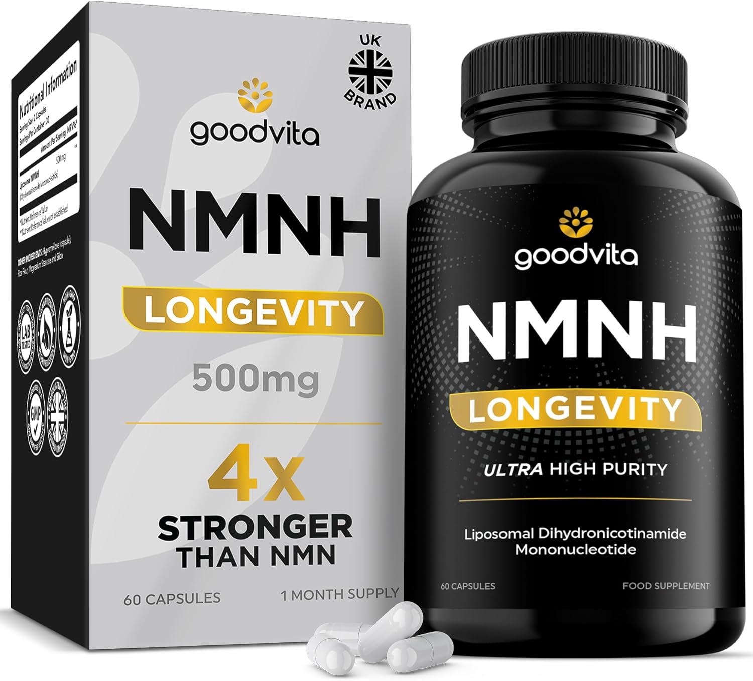 Goodvita NMNH (NMN Alternative) 500mg | UK Made | 60 Capsules, 1 Month Supply | NAD+ Supplement | 4X Stronger Than NMN | Liposomal High Absorption | Dihydronicotinamide Mononucleotide