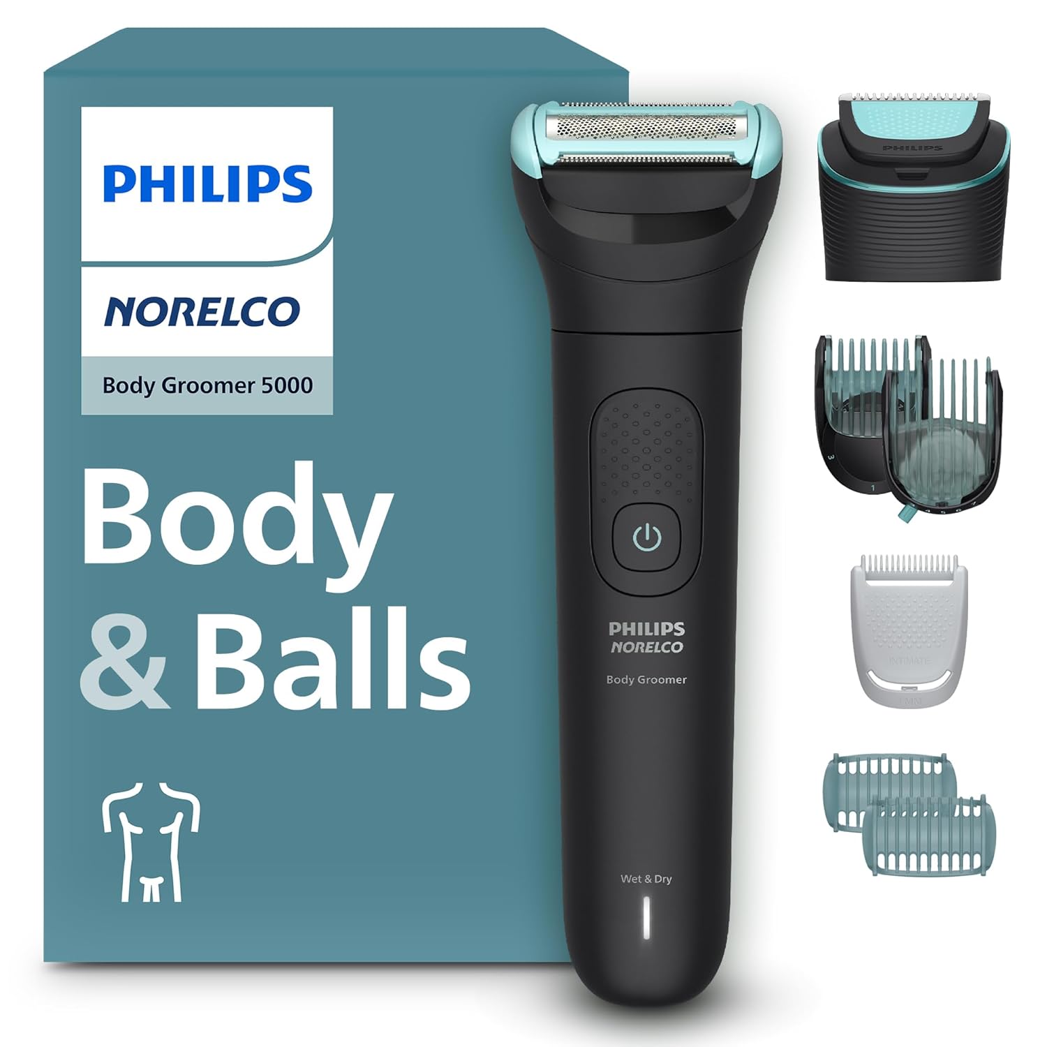 Philips Norelco Body Groomer 5000 Series, Intimate Hair Trimmer & Shaver for Men with Dual 100% Showerproof Full Body Shave & Trim Heads and Two Bi-Directional Body Hair Combs, BG5495/50