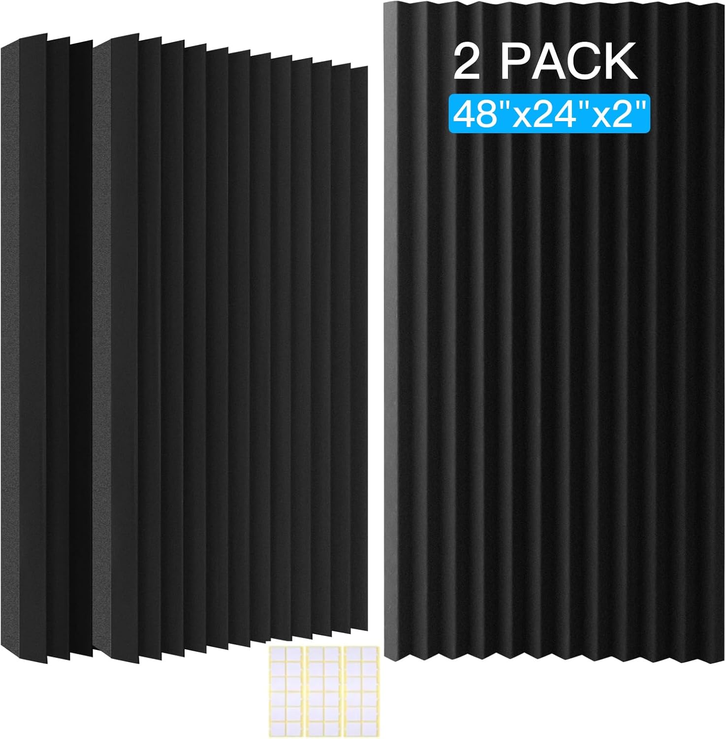 2 Pack Acoustic Foam Panels, 48 x 24 x 2" Sound Proof Foam High Density Studio Wedge Tiles Fire Resistant Acoustic Panels for Home Office, Recording Room, Studio (Black, Black 2 Pack)